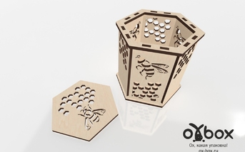 Подарочная коробка для мёда шестигранная со сквозной резкой 100х110х115 мм.